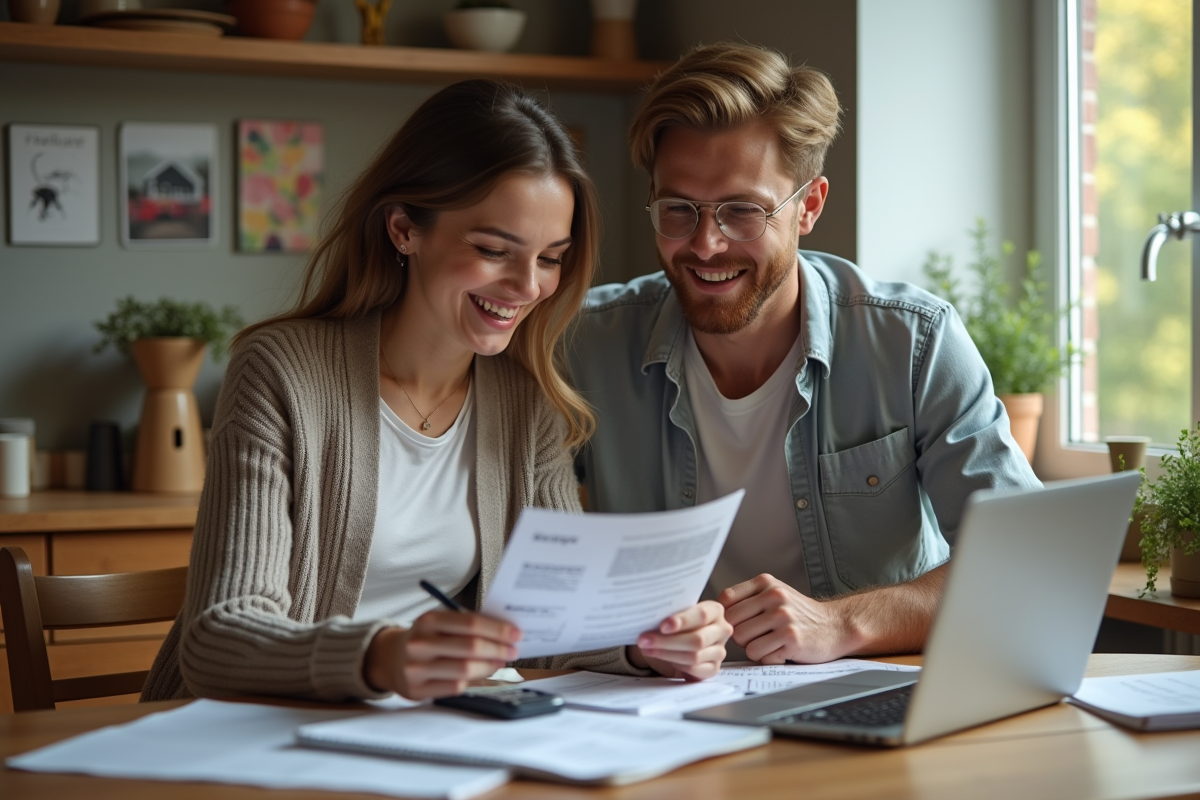 Jeune couple discutant de pret immobilier à la maison