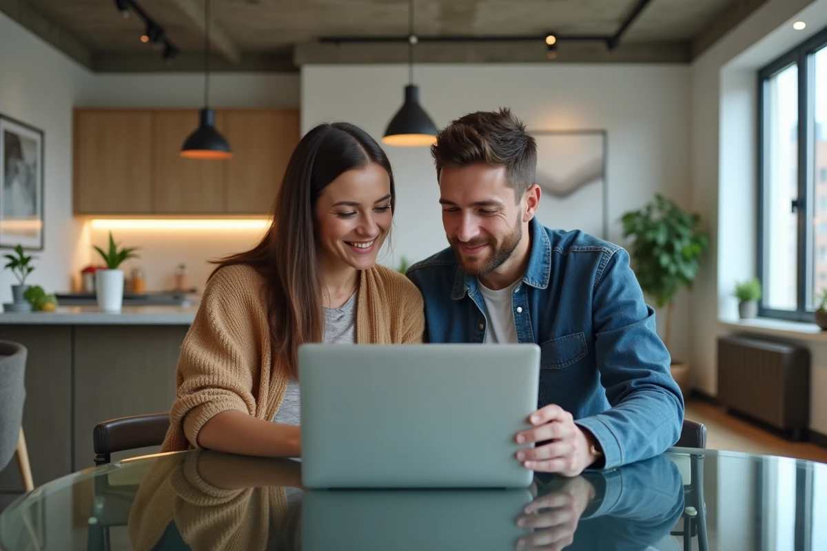 Couple de propriétaires consultant un outil d'estimation immobilière prestige sur ordinateur portable dans un appartement de luxe contemporain