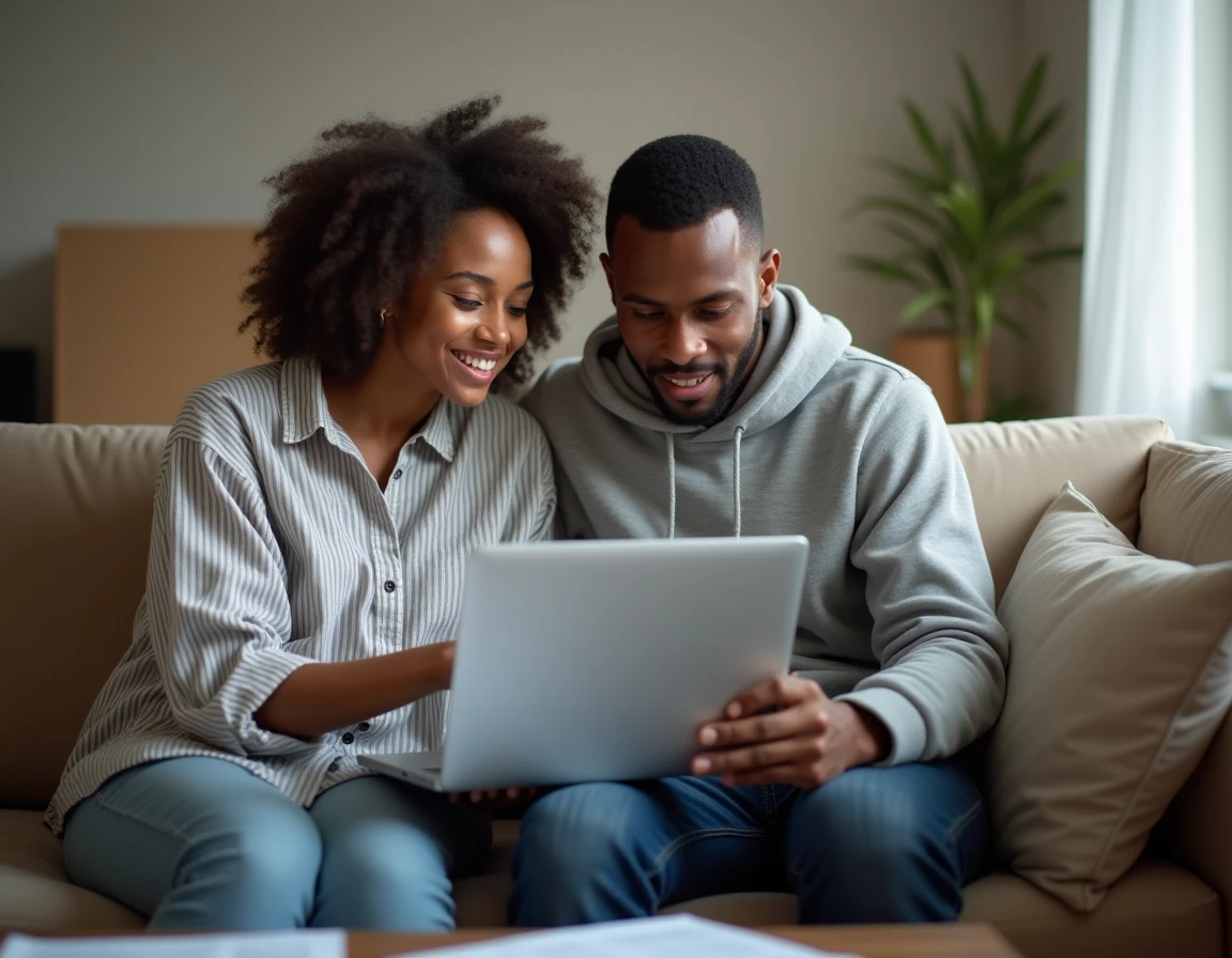 Jeune couple recherchant un logement HLM sur internet via une plateforme de demande en ligne
