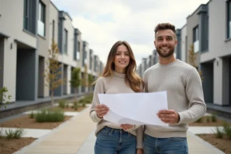 Jeune couple devant une résidence neuve construite par Les Nouveaux Constructeurs, tenant des plans architecturaux