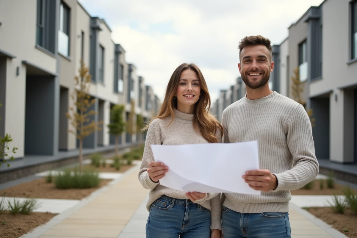 Jeune couple devant une résidence neuve construite par Les Nouveaux Constructeurs, tenant des plans architecturaux