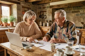 Couple de retraités étudiant des documents de viager autour d'une table de cuisine en bois dans une maison de campagne française