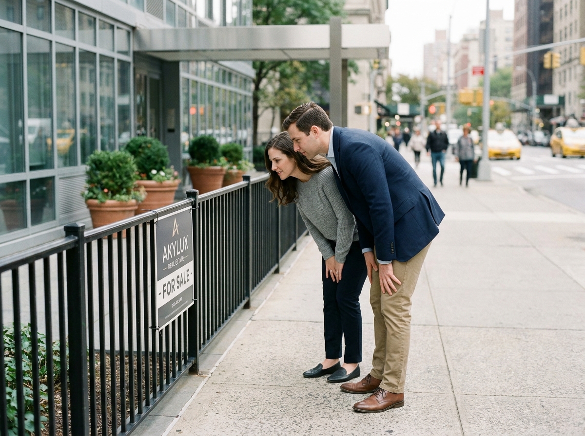 Jeune couple examinant un panneau immobilier en ville