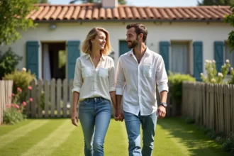 Couple visitant une maison avec jardin à louer à petit budget en zone résidentielle