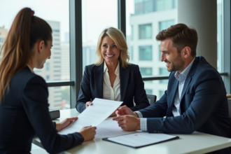 Courtière en hypotheque avec un couple dans un bureau moderne