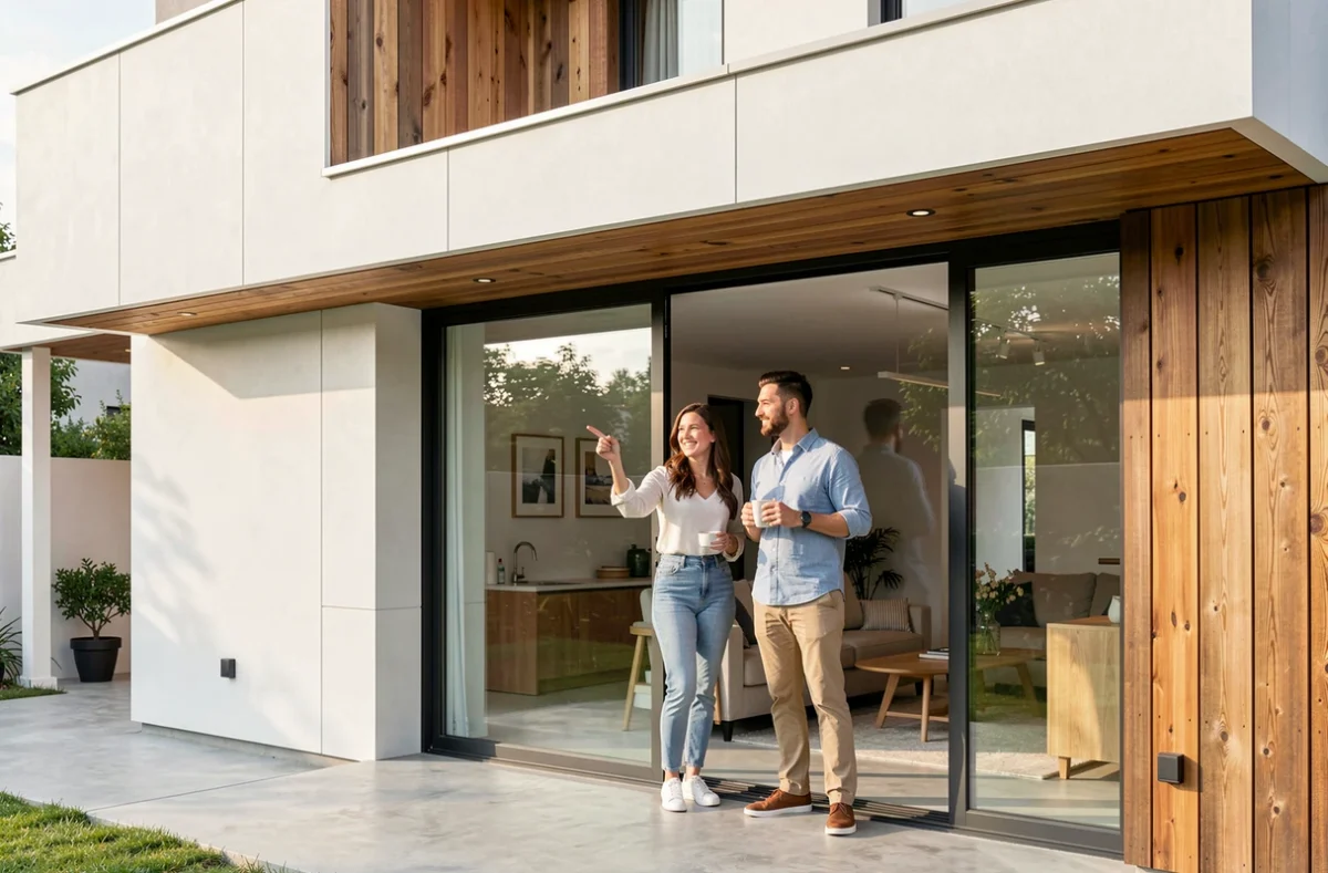 Maison design sur mesure construite par Crea Concept à Saint-Étienne, façade mixte bois et enduit blanc avec baie vitrée contemporaine