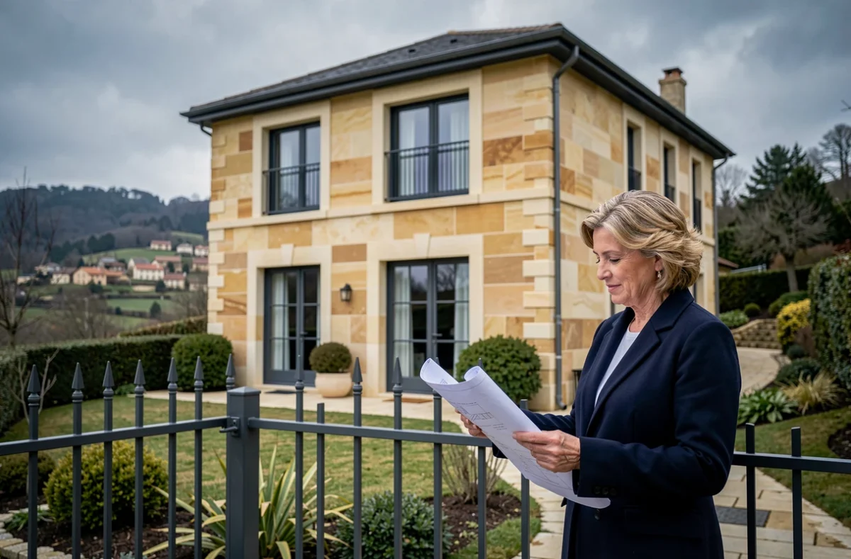 Maison de style caladois construite par Demeures Caladoises près de Saint-Étienne, façade en pierre dorée avec fenêtres anthracite