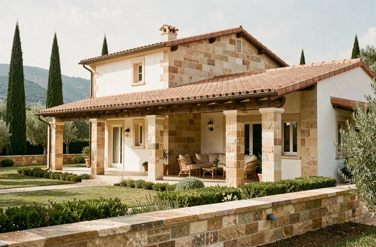Villa de style occitan construite par Demeures d'Occitanie, avec façade en calcaire beige et enduit blanc, toiture en tuiles et terrasse à colonnes en pierre