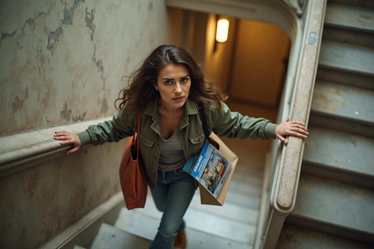 Femme épuisée dans un escalier sans ascenseur montant au dernier étage avec des courses lourdes