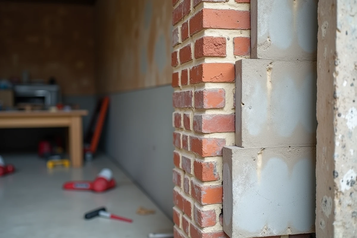 Détail du joint de séparation entre deux maçonneries dans un mur mitoyen de garage en cours de rénovation