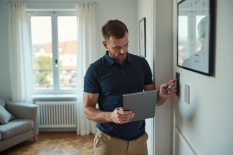 Diagnostiqueur immobilier examinant un tableau électrique lors d'un diagnostic avant vente en appartement moderne