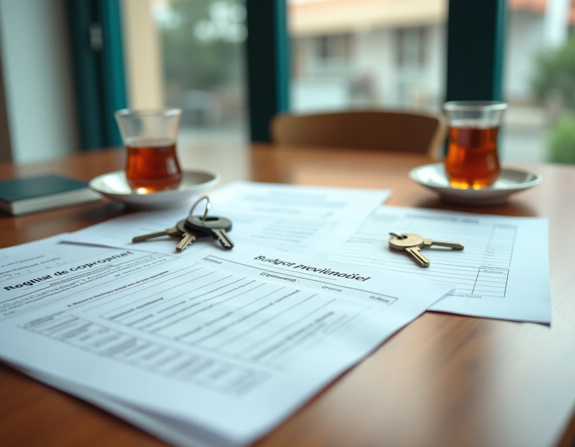 Documents officiels de copropriété et clés d'appartement posés sur une table lors d'une transaction immobilière à Guéliz