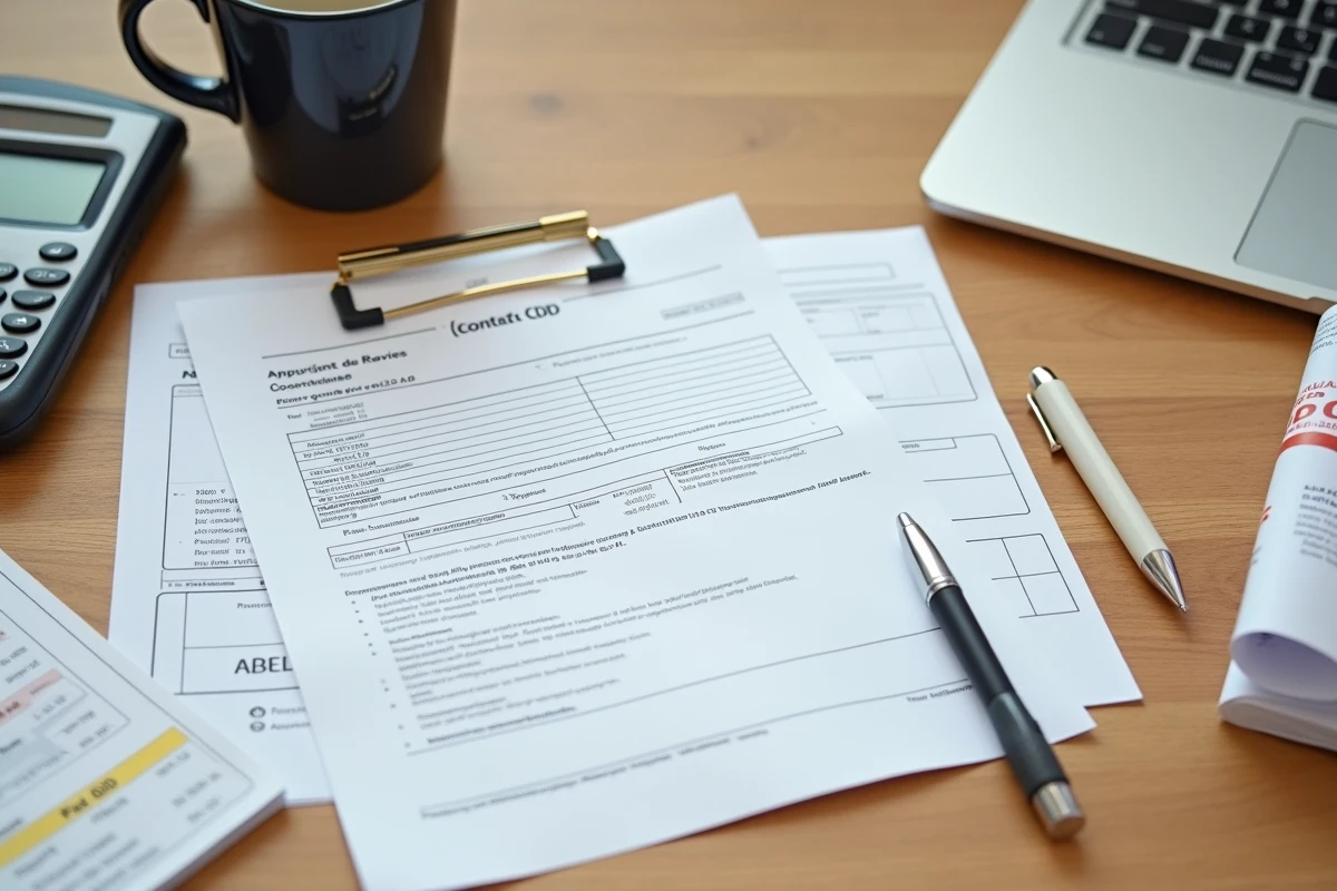 Dossier de caution locative avec fiche de paie CDD, formulaire de garantie et calculatrice sur un bureau