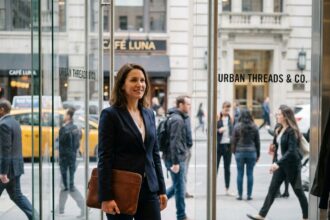 Femme d'affaires devant une boutique sur une rue commerçante animée, illustrant l'importance de l'emplacement commercial