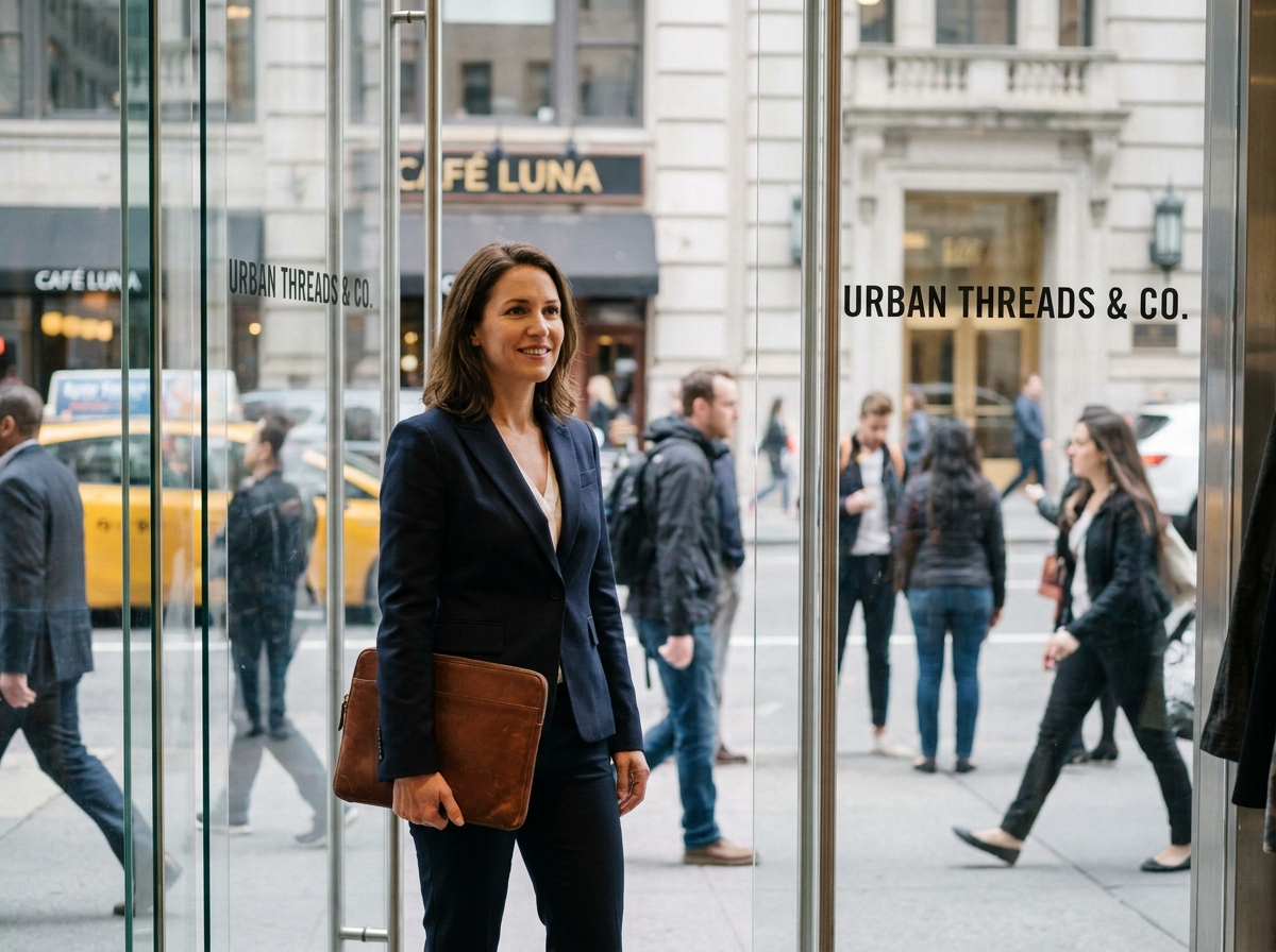 Femme d'affaires devant une boutique sur une rue commerçante animée, illustrant l'importance de l'emplacement commercial