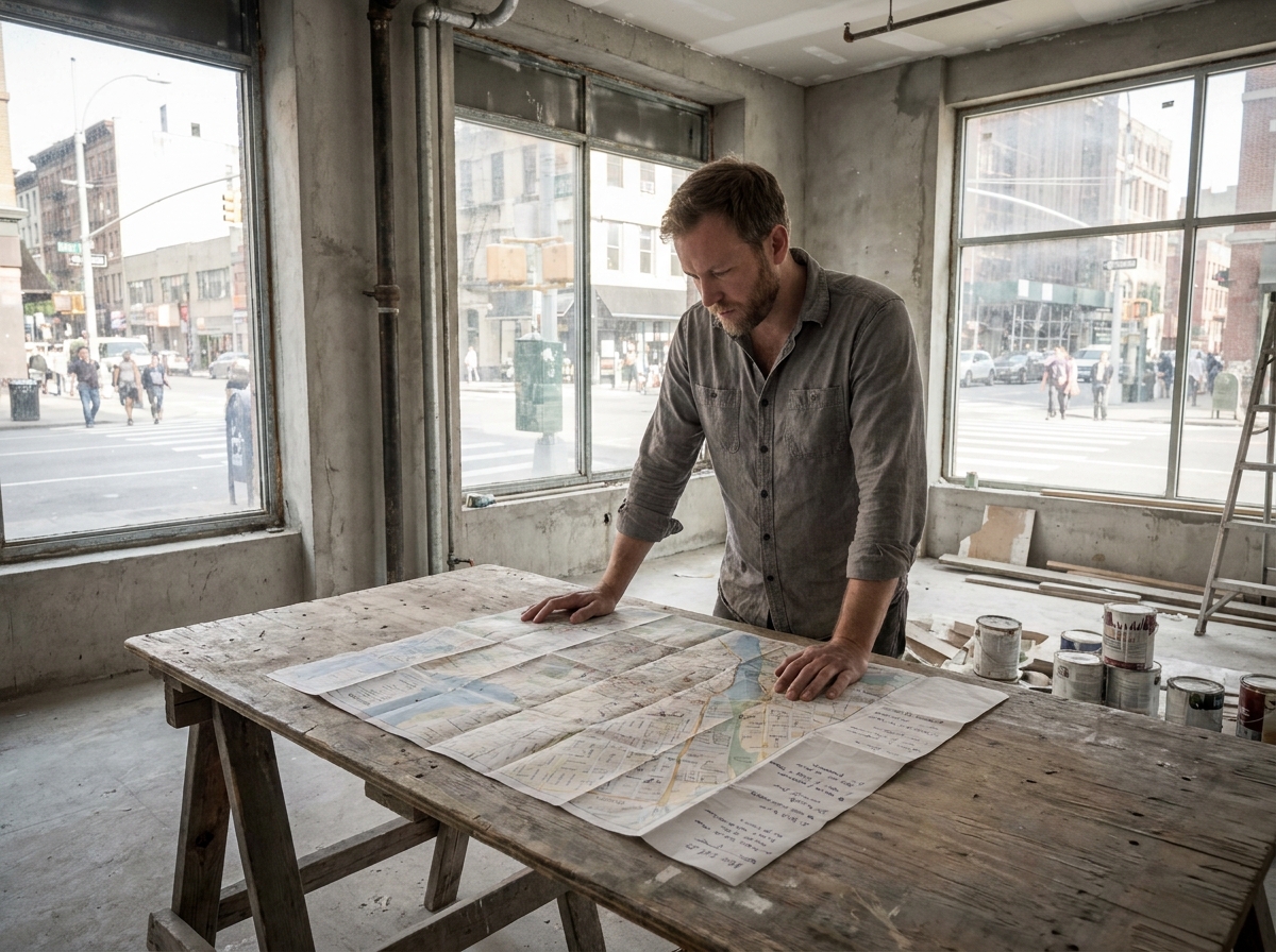 Entrepreneur analysant un plan de ville dans un local commercial vide, symbolisant la recherche stratégique d'un emplacement rentable