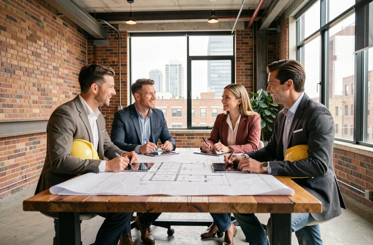 Entrepreneurs du bâtiment réunis autour d'une table lors d'une réunion de réseau professionnel avec des plans architecturaux