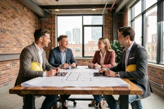 Entrepreneurs du bâtiment réunis autour d'une table lors d'une réunion de réseau professionnel avec des plans architecturaux