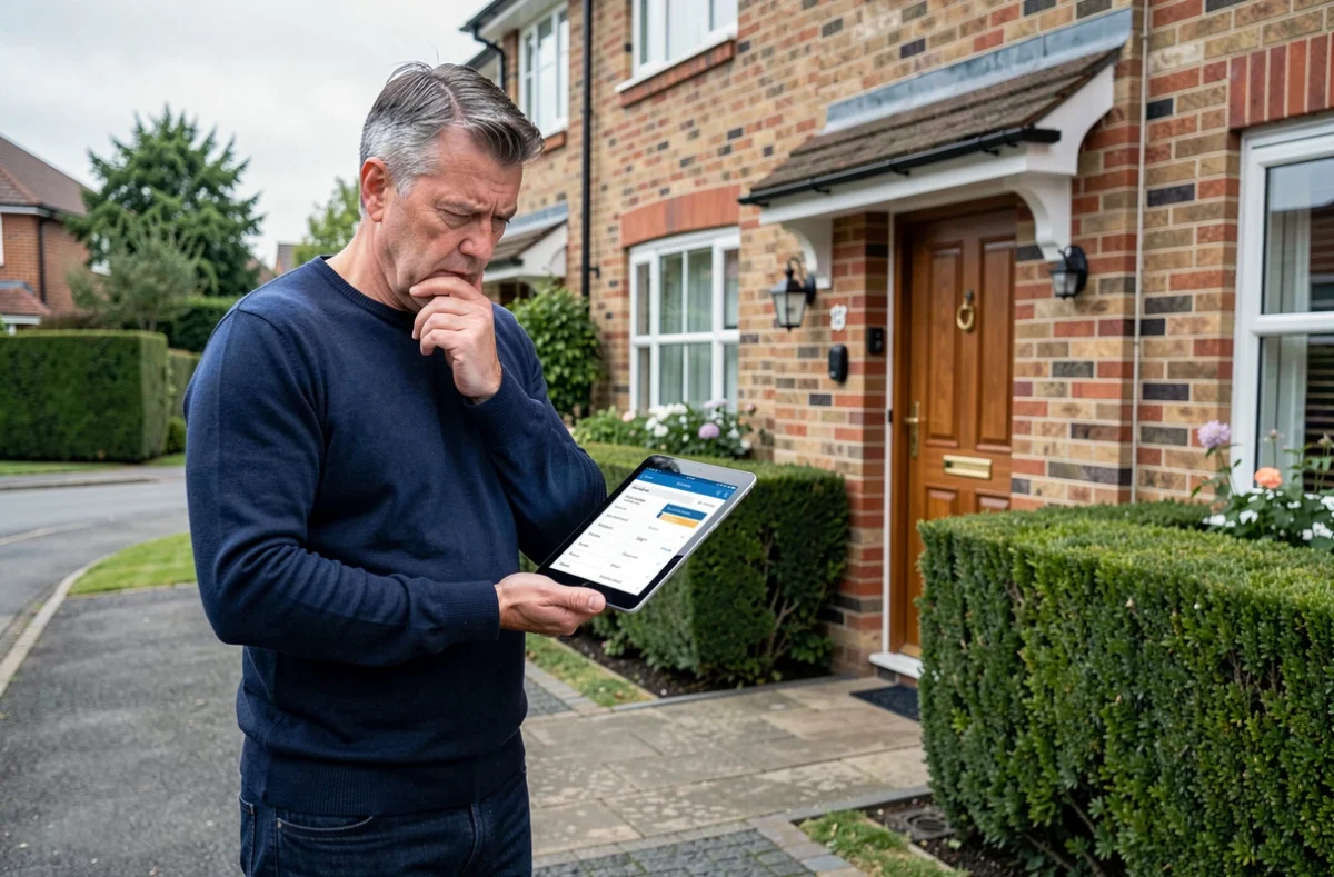 Propriétaire évaluant le prix de vente de sa maison avec un outil d'estimation immobilière en ligne devant sa façade