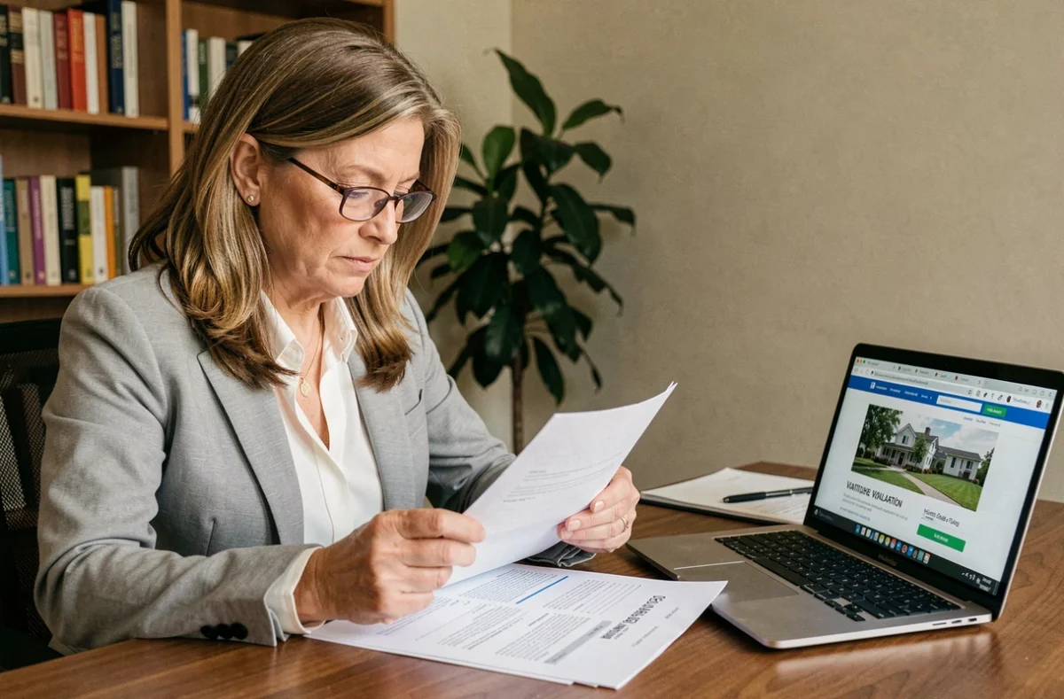 Femme consultant une estimation immobilière en ligne sur un site comme bricosuccess-immo.fr depuis son bureau à domicile