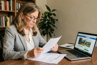 Femme consultant une estimation immobilière en ligne sur un site comme bricosuccess-immo.fr depuis son bureau à domicile