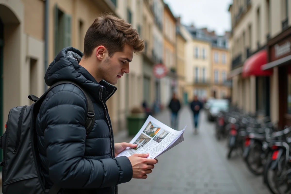 Étudiant consultant une annonce de logement dans une rue de La Roche-sur-Yon