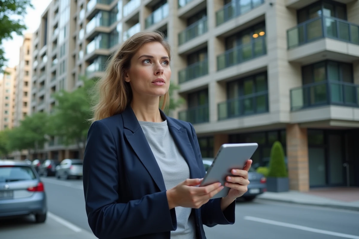 Femme professionnelle évaluant un immeuble résidentiel avec une tablette affichant des données immobilières