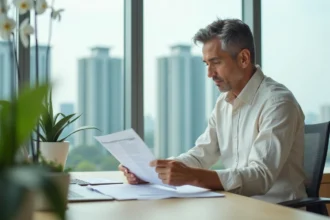 Un expatrié occidental examine des documents de propriété immobilière dans un bureau de promoteur immobilier à Bangkok, Thaïlande