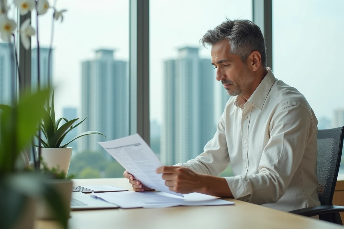 Un expatrié occidental examine des documents de propriété immobilière dans un bureau de promoteur immobilier à Bangkok, Thaïlande