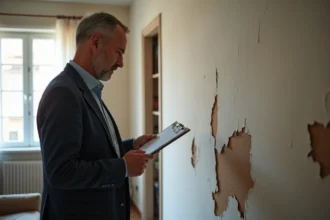 Expert en assurance examinant un mur endommage avec taches d'eau