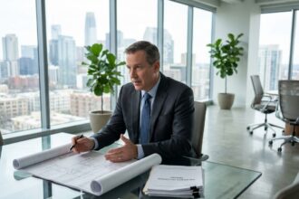 Expert immobilier professionnel analysant des documents d'évaluation de biens commerciaux dans un bureau moderne avec vue sur la ville