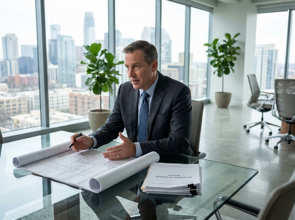 Expert immobilier professionnel analysant des documents d'évaluation de biens commerciaux dans un bureau moderne avec vue sur la ville