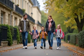 Famille de quatre se promenant dans Saint Germain en Laye