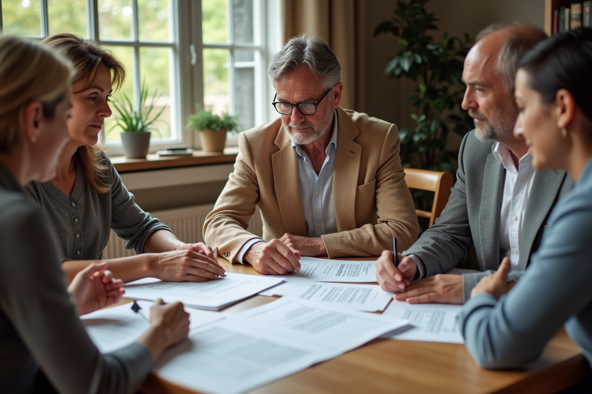 Groupe familial autour d'une table à la maison pour discuter de documents immobiliers