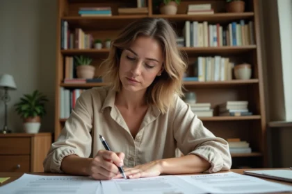 Femme écrivant des abréviations sur un carnet dans un bureau à domicile entouré de documents et de guides grammaticaux