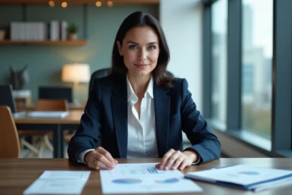Femme d'affaires en bureau examinant des contrats