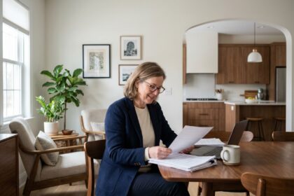 Femme d'affaires calme examinant des papiers à la maison