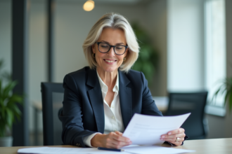 Femme d'affaires confiante examinant des documents de prêt immobilier