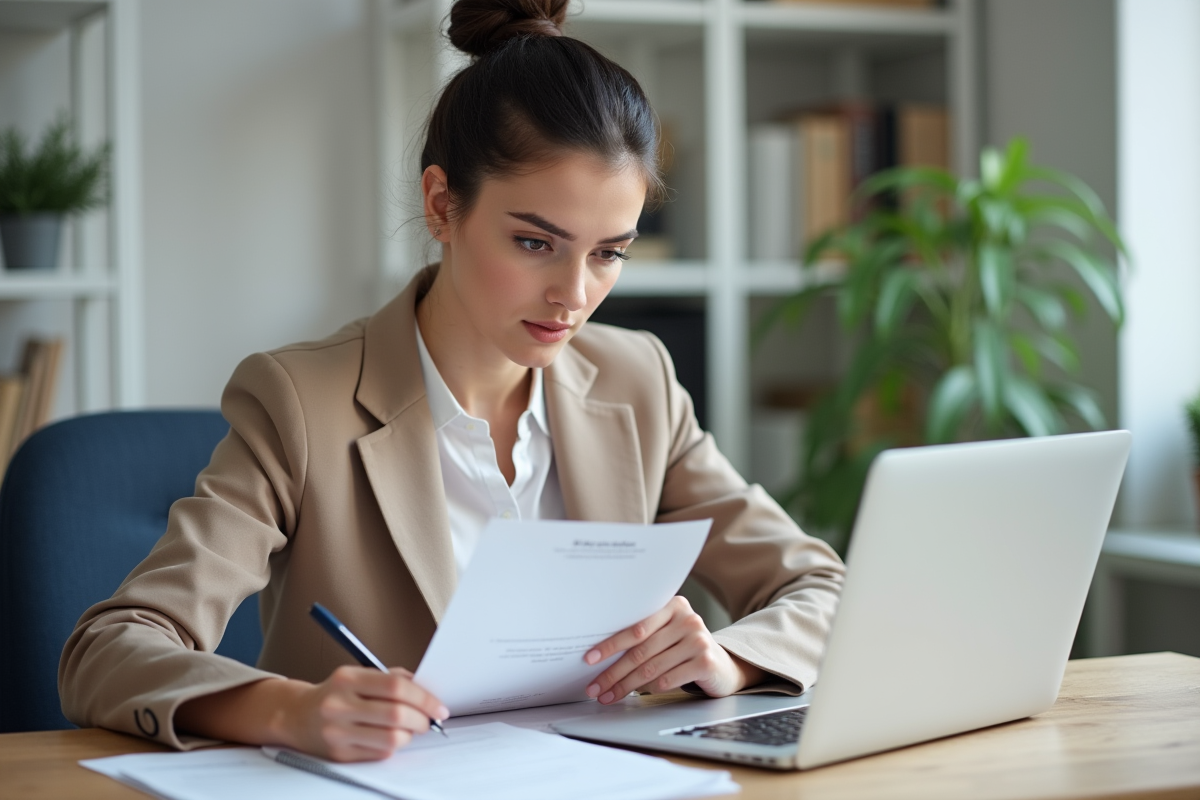 Femme remplissant un formulaire INPI dans un bureau lumineux
