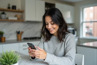 Femme utilisant l'application MyFoncia sur smartphone dans une cuisine moderne