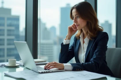 Femme architecte en bureau moderne avec plans et ordinateur