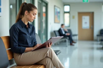 Femme assise dans une salle d'attente moderne en tenue professionnelle