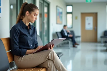 Femme assise dans une salle d'attente moderne en tenue professionnelle