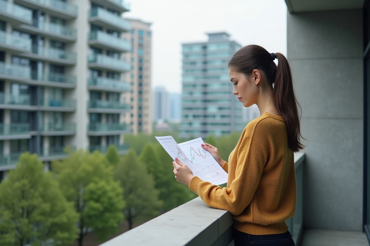 Jeune femme regardant un graphique financier en extérieur
