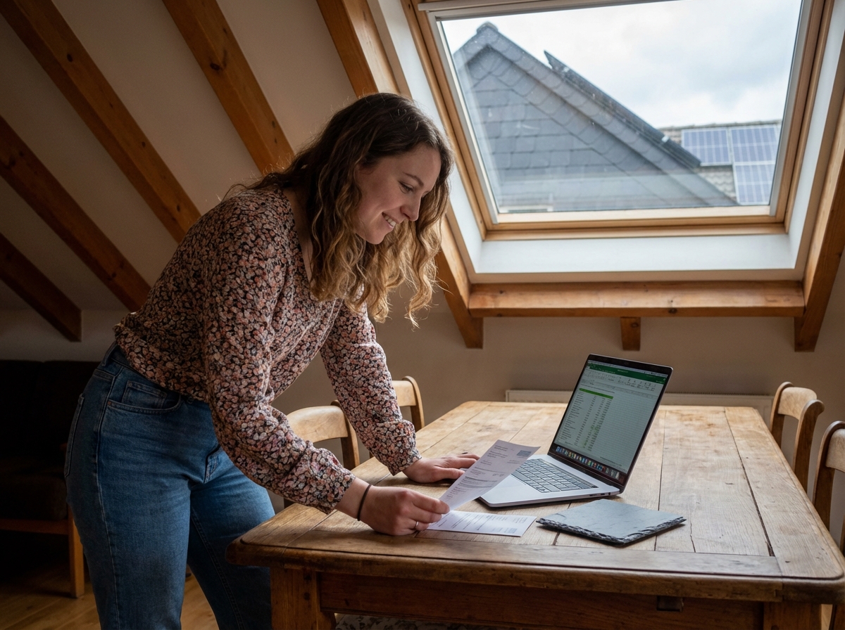 Femme regardant ses factures d energie avec échantillon d ardoise