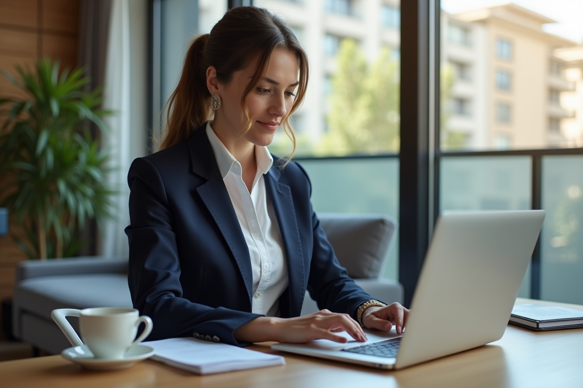 Femme professionnelle au bureau dans un appartement lumineux