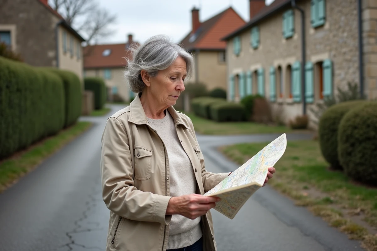 Femme consultant une carte papier pour trouver une impasse dans un village rural français au printemps