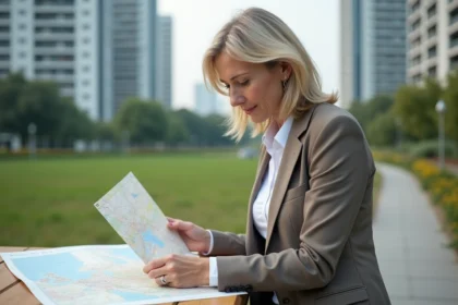 Femme d affaires étudiant une carte en ville