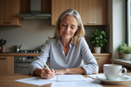 Femme d'âge moyen remplissant formulaires de changement d'adresse