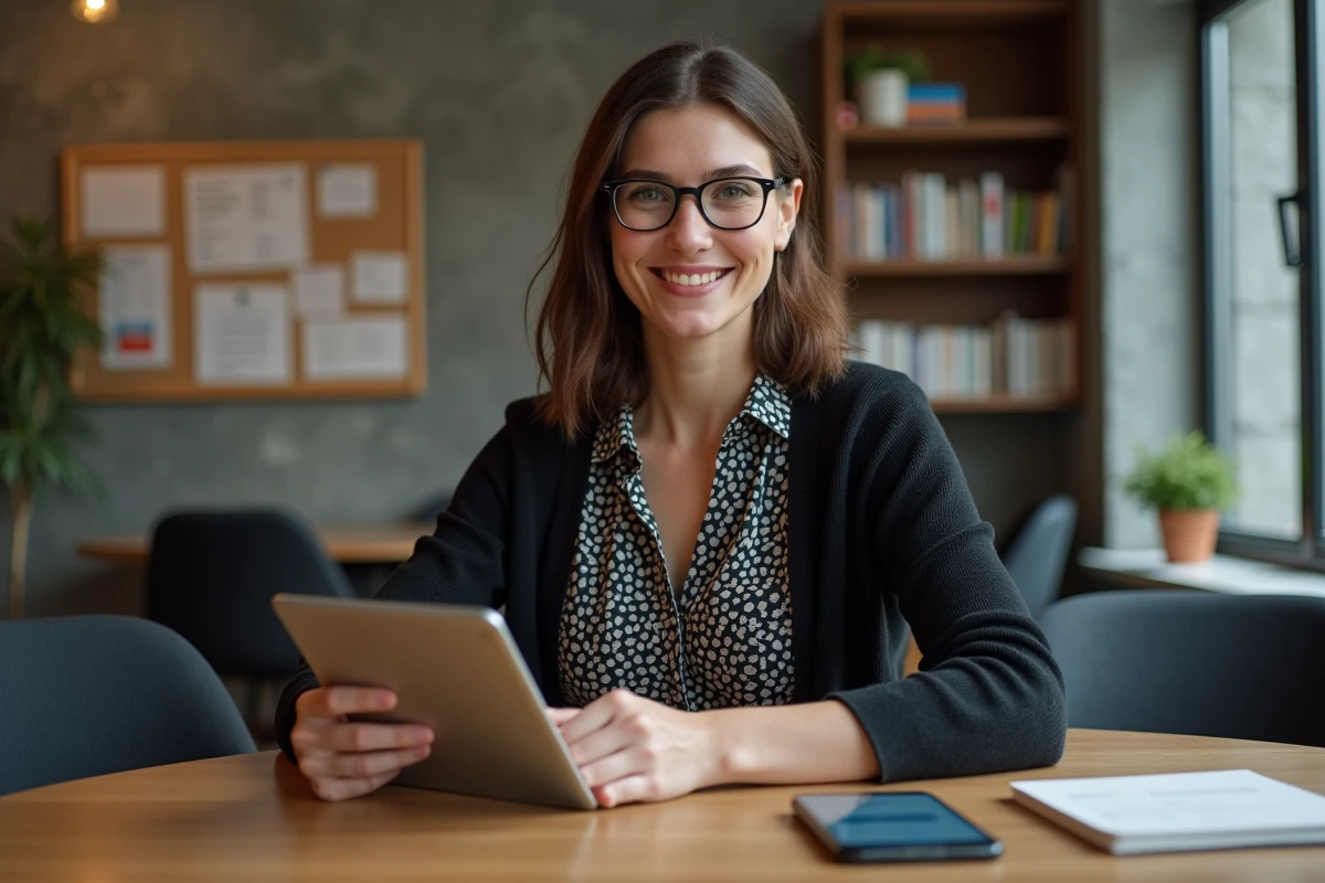 Femme en réunion avec tablette et smartphone dans un espace coworking
